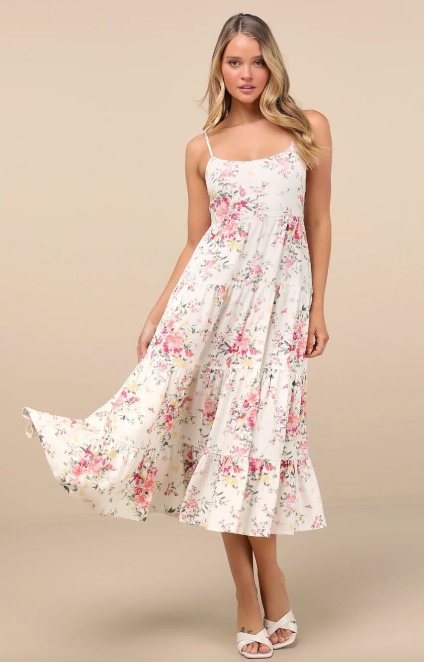 Lulus Mykonos Mood Pink and Ivory Floral Tie-Strap Tiered Midi Dress Small NWT